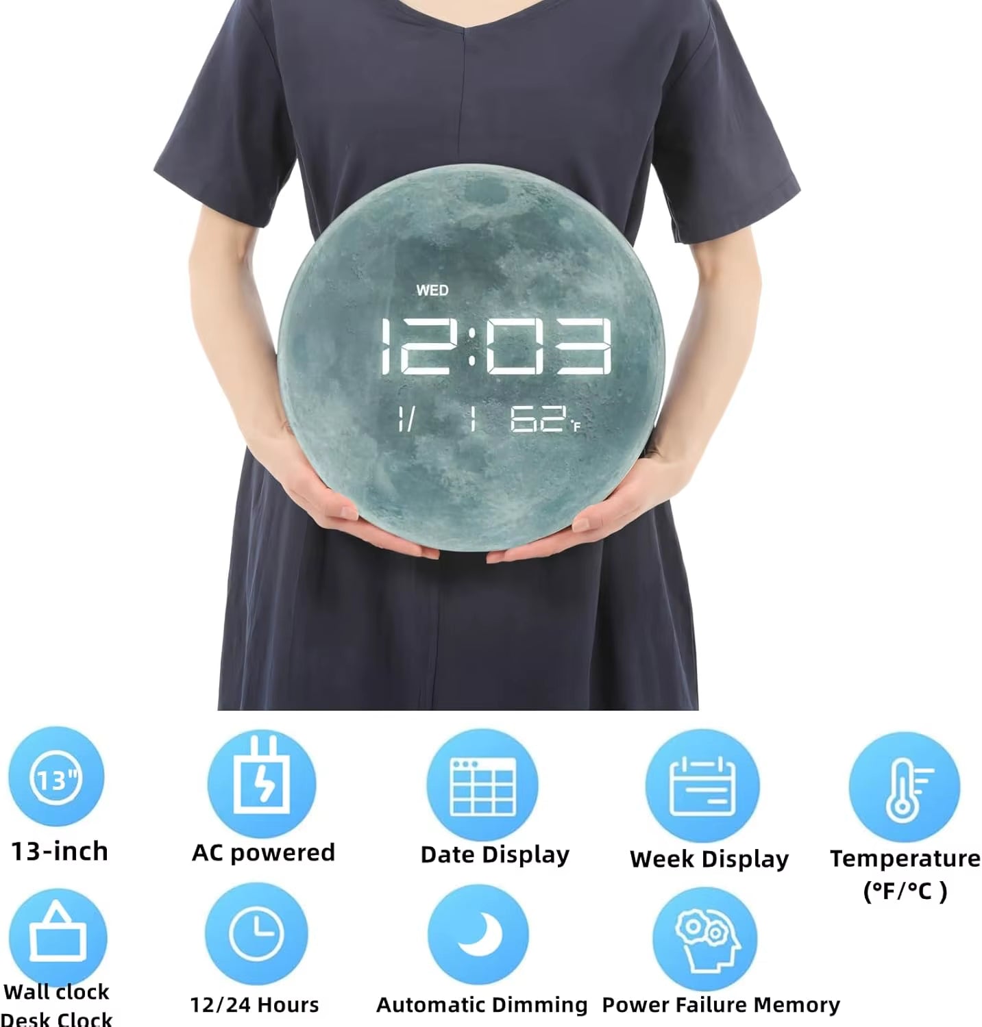 13" Digital Wall Clock with LED Display, Calendar & Temperature, Automatic Dimming, 12/24Hr Format, Wall & Desk Use - HUI-7860