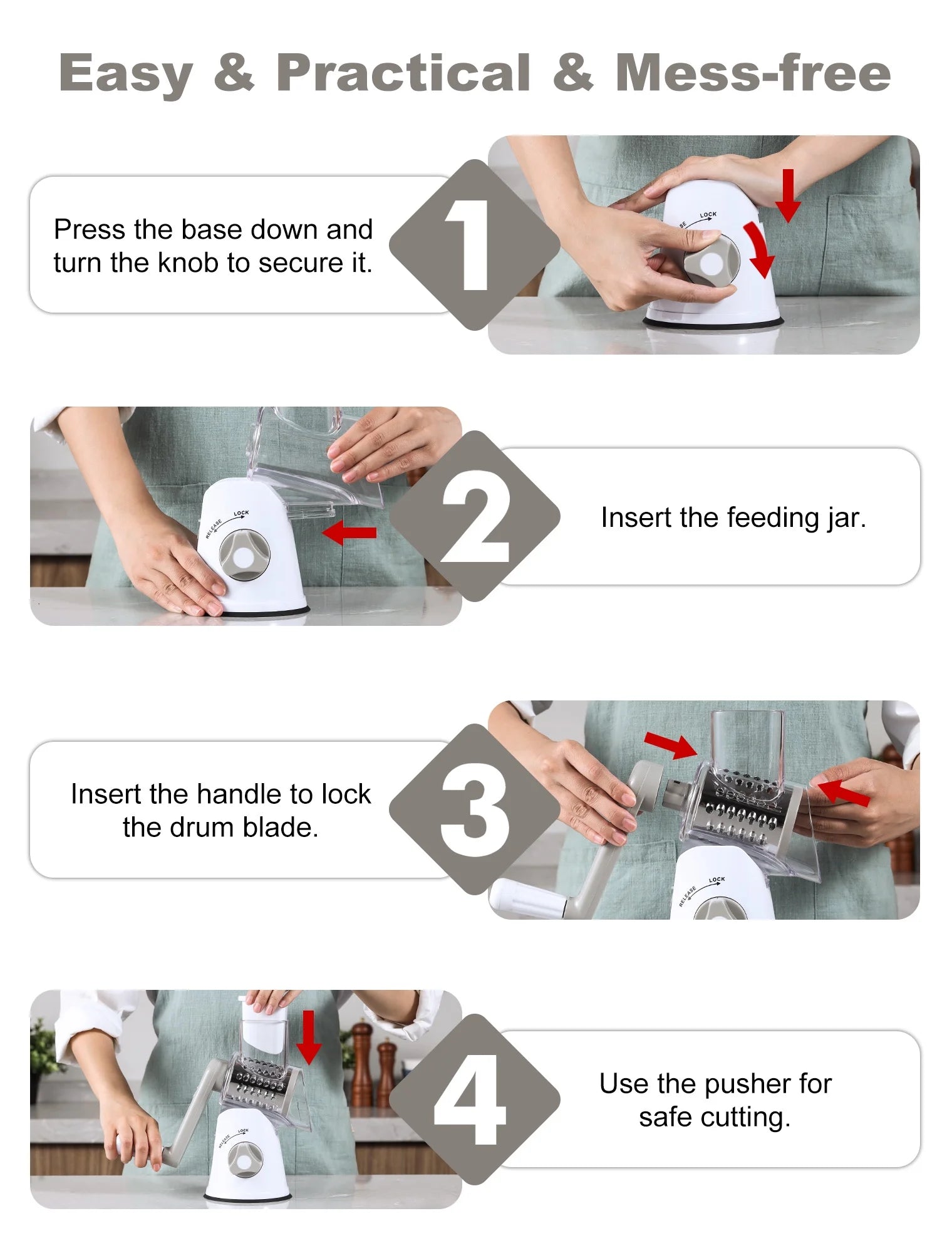 Cheese Grater Rotary, Rotary Grater for Kitchen, Kitchen Grater Vegetable Slicer with 3 Drum Blades, Fast Cutting Cheese Shredder for Vegetables and Nuts