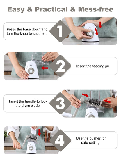 Cheese Grater Rotary, Rotary Grater for Kitchen, Kitchen Grater Vegetable Slicer with 3 Drum Blades, Fast Cutting Cheese Shredder for Vegetables and Nuts