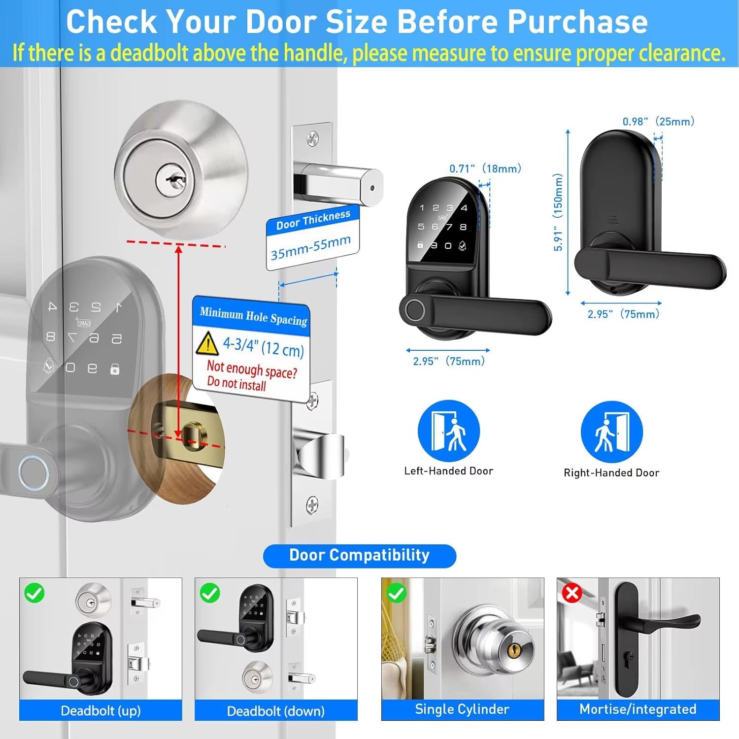 Smart Keypad Door Lock with Handle, Fingerprint Keyless Entry Digital Lock with Built-In Doorbell for Front Door, Bedroom