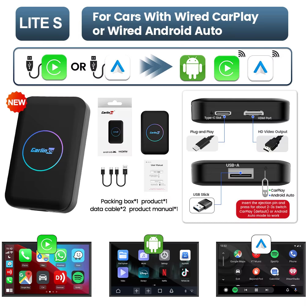 HDMI 5-In-1 Android TV Box Wireless Adapter Support Netflix IPTV Wireless Android Auto & Carplay Dongle for Car Radios