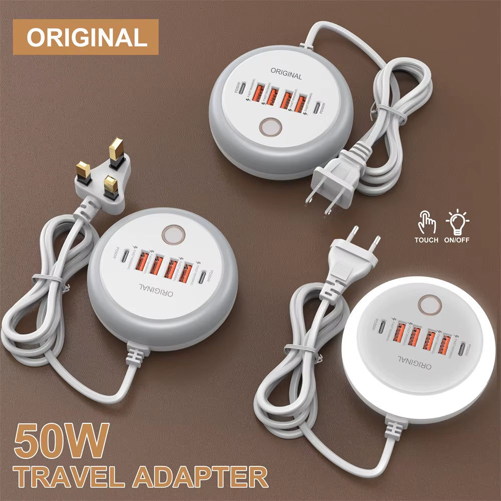 PD 50W Charger USB Type C 6 Ports QC3.0 Mobile Phone Wall Adapter with Touch LED Light for Iphone Samsung Xiaomi Travel Charger