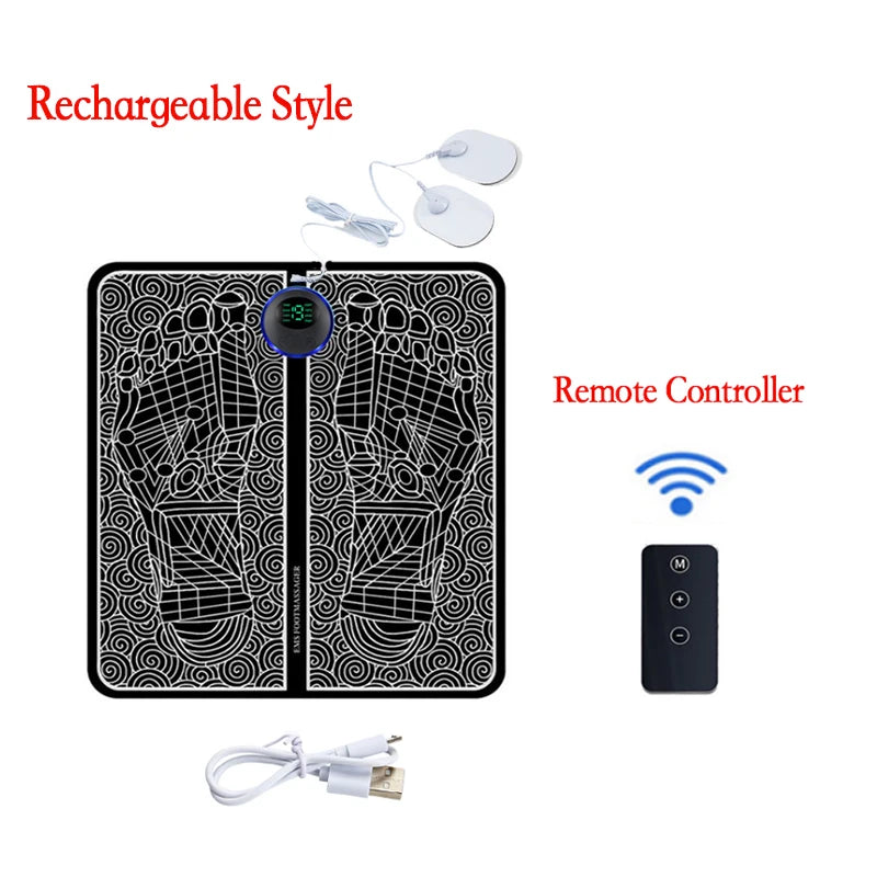 Rechargeable EMS Foot Massager Pad with Remote Control - Portable Electric Muscle Stimulation Mat for Pain Relief and Relaxation