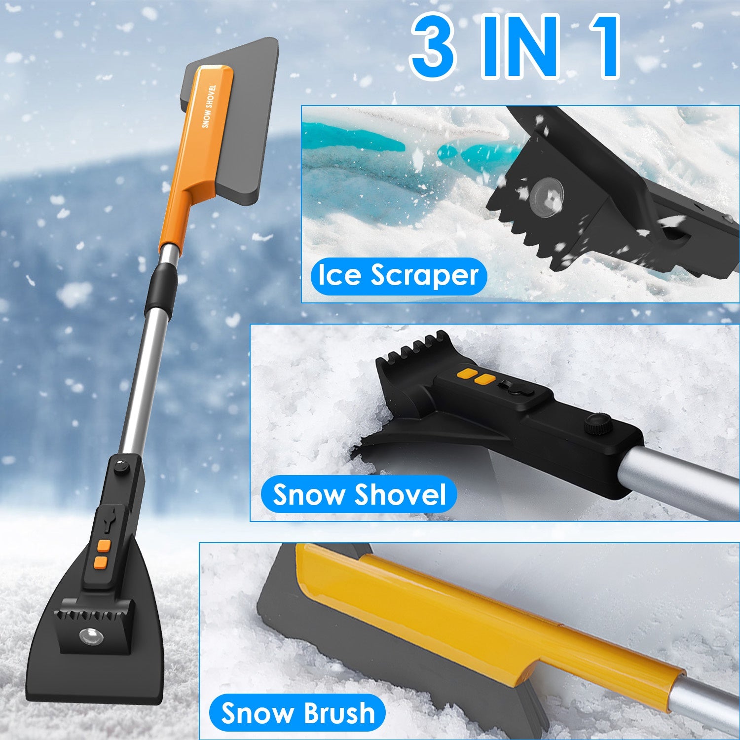 1Pc 3 in 1 Car Snow Removal Shovel with Lights Car Snow Removal Tool Telescopic Windshield Ice Scraper Snow Brush Shovel
