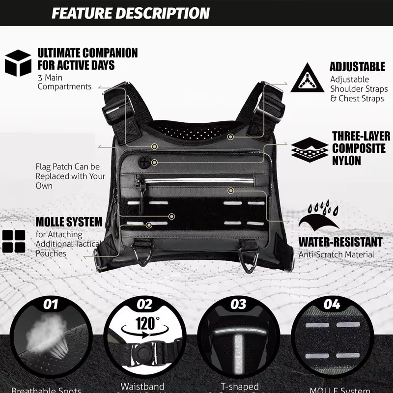 Outdoor Chest Bag for Men Front Rig Pouch Running Vest Phone Holder Tactical Sports Pack Hiking Fishing Molle Camping Backpack