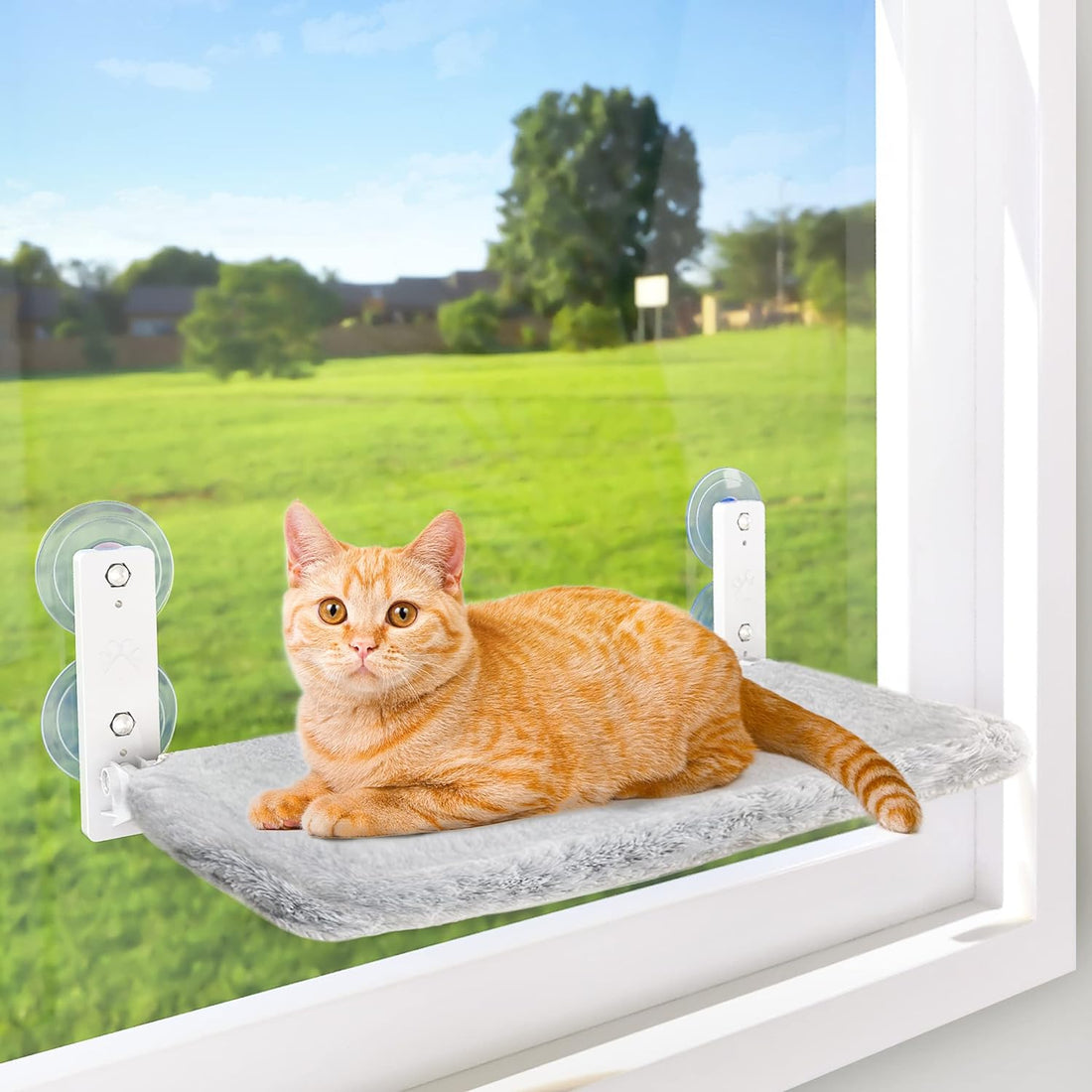 Cordless Cat Window Perch, Cat Hammock for Wall with 4 Suction Cups, Anchor&Screw for Two Ways of Installation, Solid Metal Frame and Reversible Cover, Foldable Cat Beds for Indoor Cats