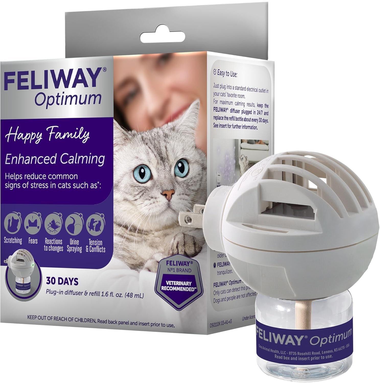 ® Optimum 30 Day Cat Calming Plug in Pheromone Diffuser Starter Kit, 48Ml - Helps Reduce Common Signs of Stress in Cats & Kittens, Enhanced Calming