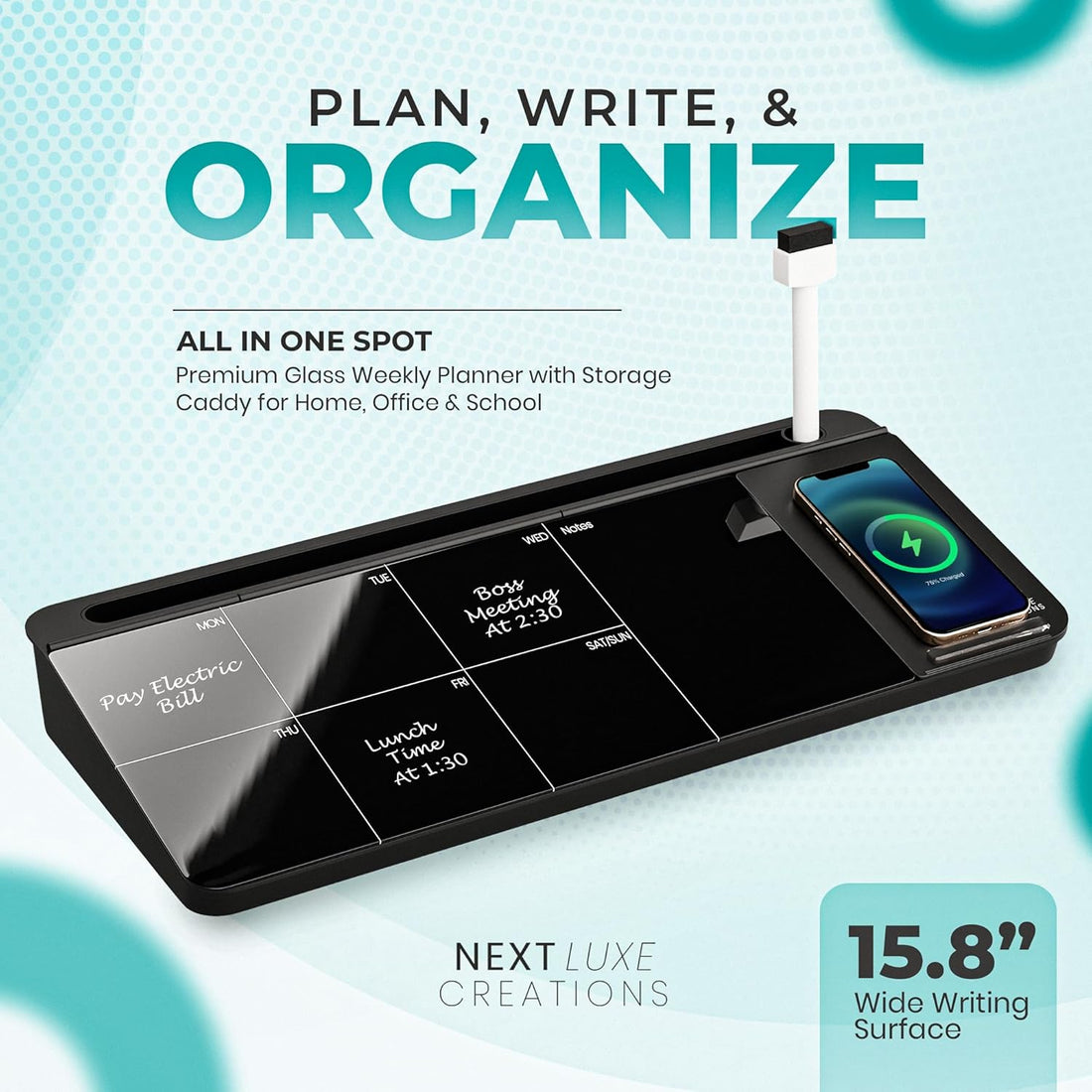 NEXTLUXE Glass Desk Whiteboard with Wireless Charger - Desktop Whiteboard with Storage, Weekly Planner, Dry Erase Pad, Organizer Drawer for Home, School, Office Gadgets – Black (Black)