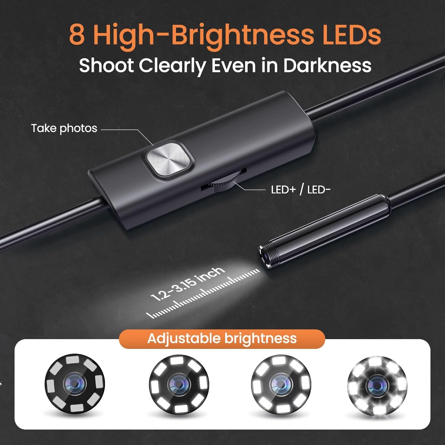 Endoscope Camera with Light, HD Borescope with Dimmable LED, Endoscope Camera for Iphone & Android, 16.4Ft Semi-Rigid Snake Camera, IP67 Waterproof Inspection Tools, Cool Gadgets for Men