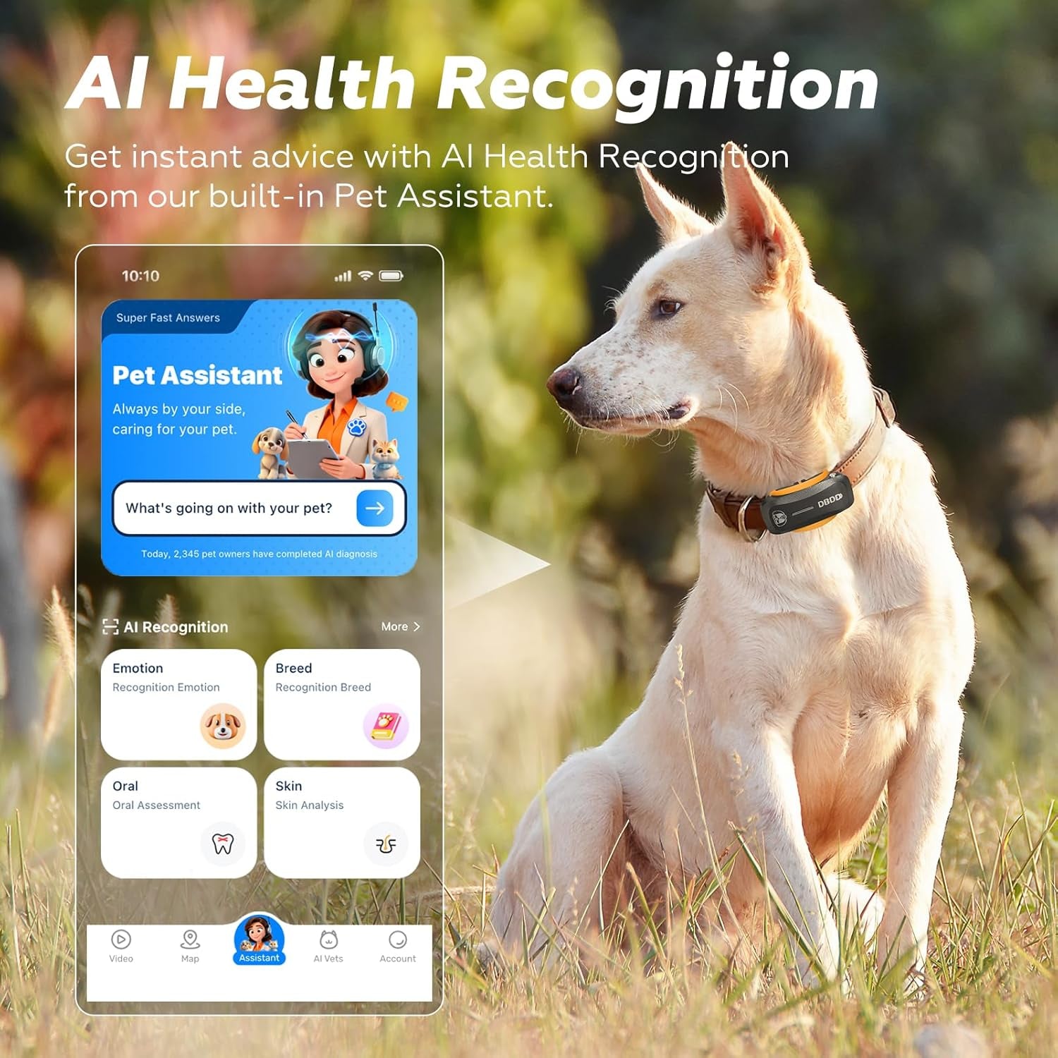 AI GPS Tracker for Dogs (30Lbs+), Real Time Location and AI Health Assistant, Electronic Fence, Waterproof, Ios and Android Universal (D5-Black)