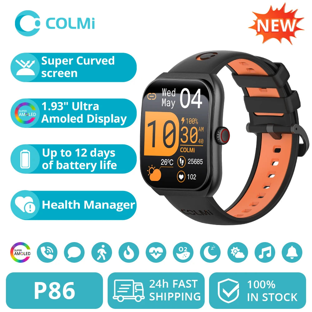 P86 1.93" AMOLED Smartwatch for Men and Women - Health Management, Bluetooth Calling, IP68 Waterproof, Compatible with Xiaomi and iOS Devices