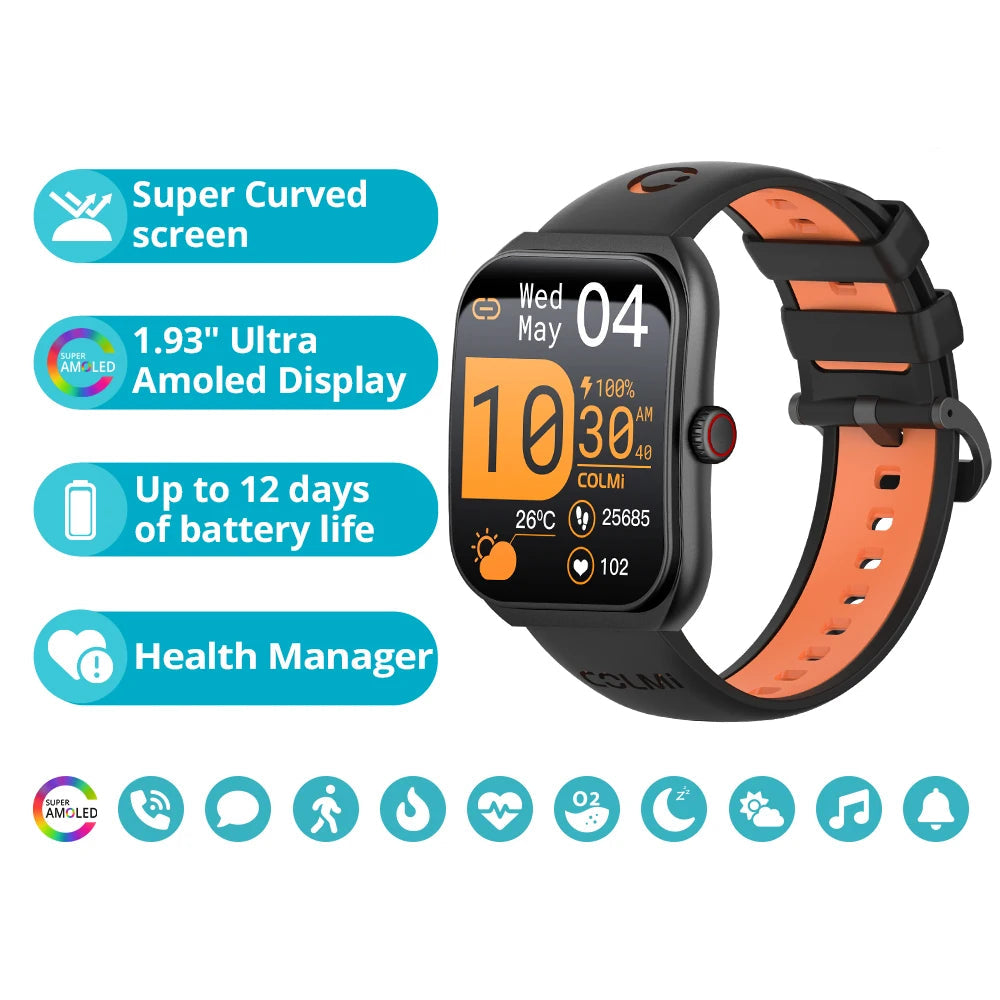 P86 1.93" AMOLED Smartwatch for Men and Women - Health Management, Bluetooth Calling, IP68 Waterproof, Compatible with Xiaomi and iOS Devices