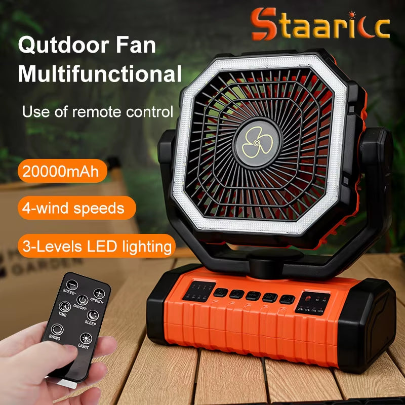 20,000mAh Rechargeable Camping Fan with LED Light and Remote Control, 4-Speed Timing Portable Tent Fan with Adjustable Hook Design for Outdoor Use