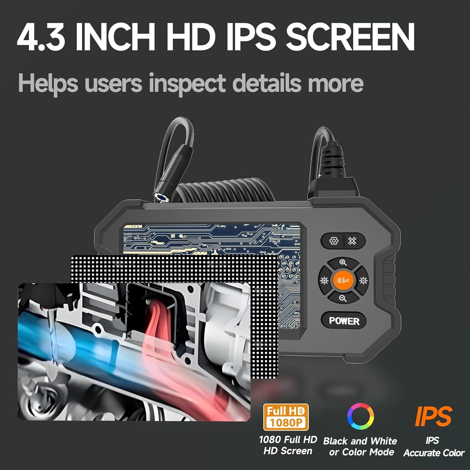 Endoscope Camera with Light, 4.3" IPS Screen HD Digital Snake Camera, IP67 Waterproof Borescope with 8 Adjustable LED Lights,Hd 1080P，16.5Ft Semi-Rigid Cord