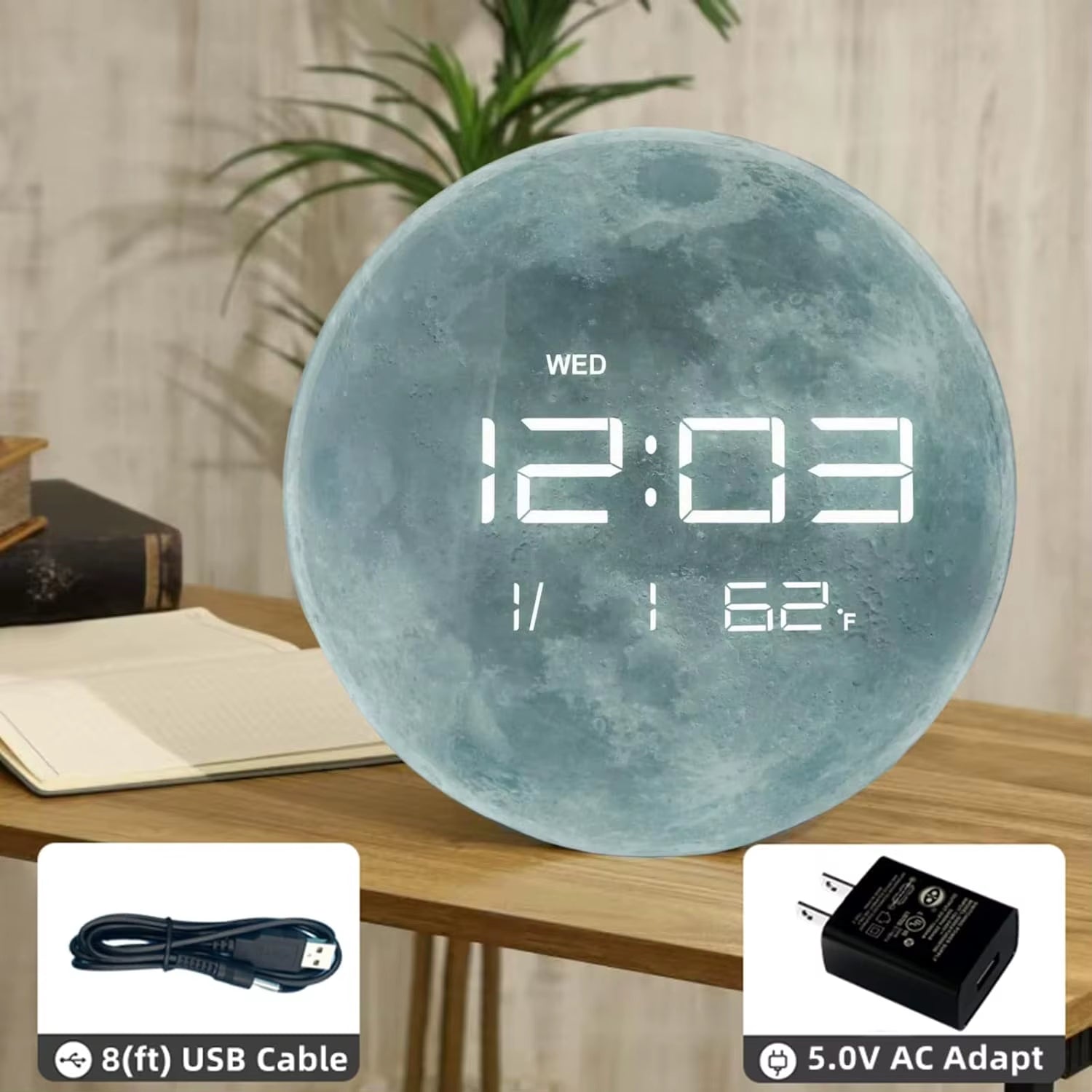 13" Digital Wall Clock with LED Display, Calendar & Temperature, Automatic Dimming, 12/24Hr Format, Wall & Desk Use - HUI-7860