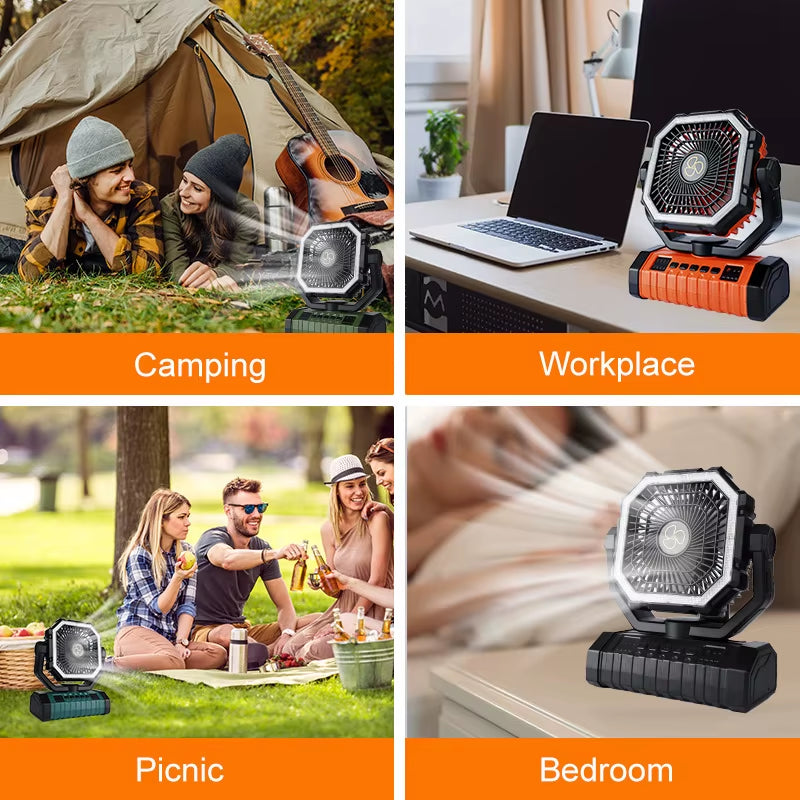 20,000mAh Rechargeable Camping Fan with LED Light and Remote Control, 4-Speed Timing Portable Tent Fan with Adjustable Hook Design for Outdoor Use