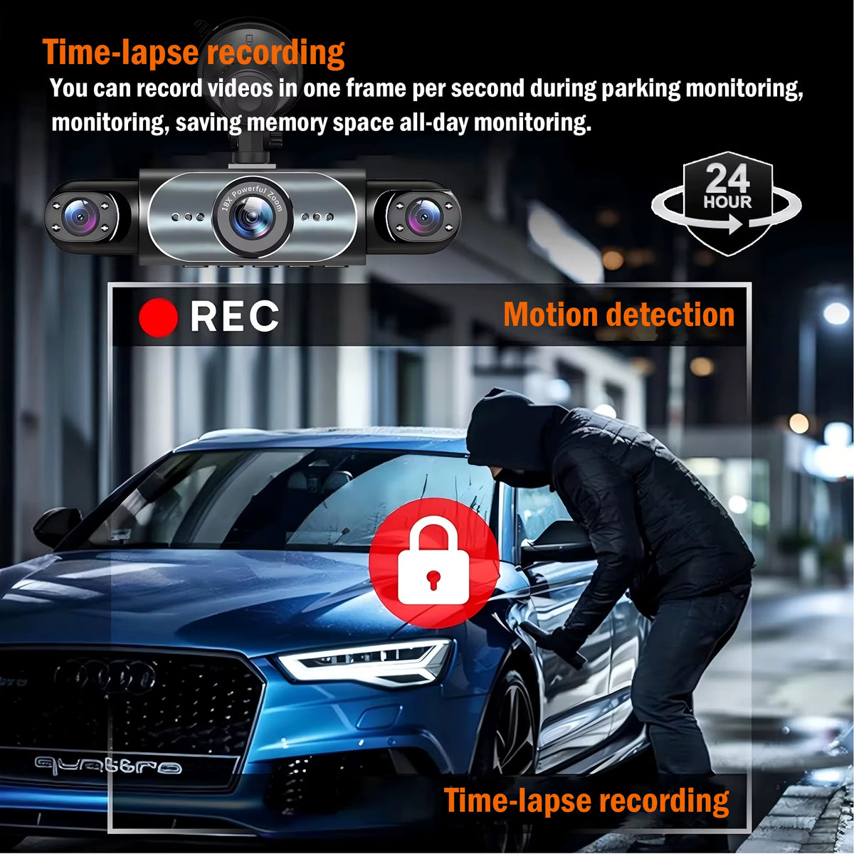 4-Channel 360° Dash Cam with Night Vision, 24/7 Parking Monitoring, G-Sensor, and Loop Recording