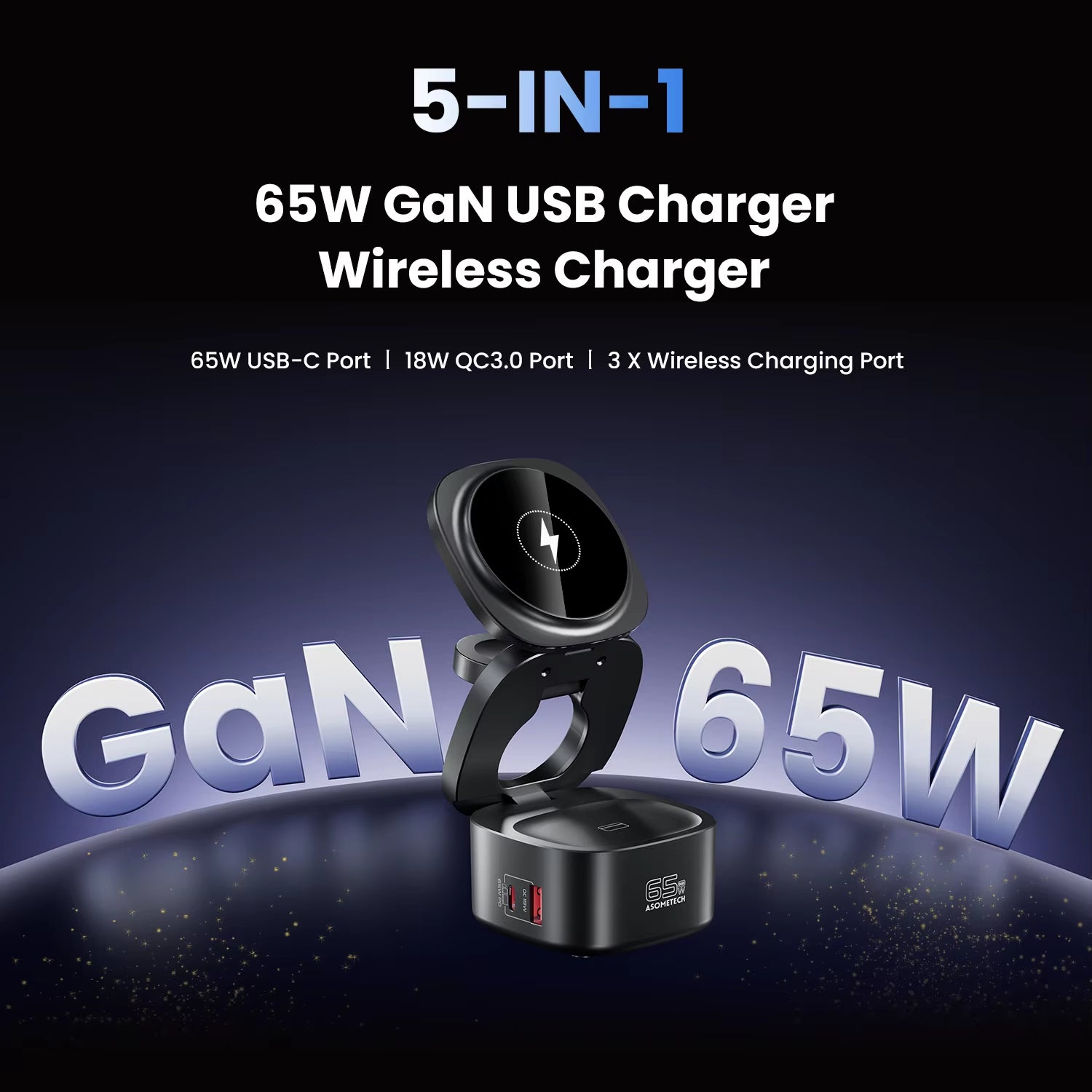 65W Gan Fast Charger for Macbook Samsung Magnetic 5 in 1 Foldable Wireless Charger Station for Iphone 16 Iwatch Airpod