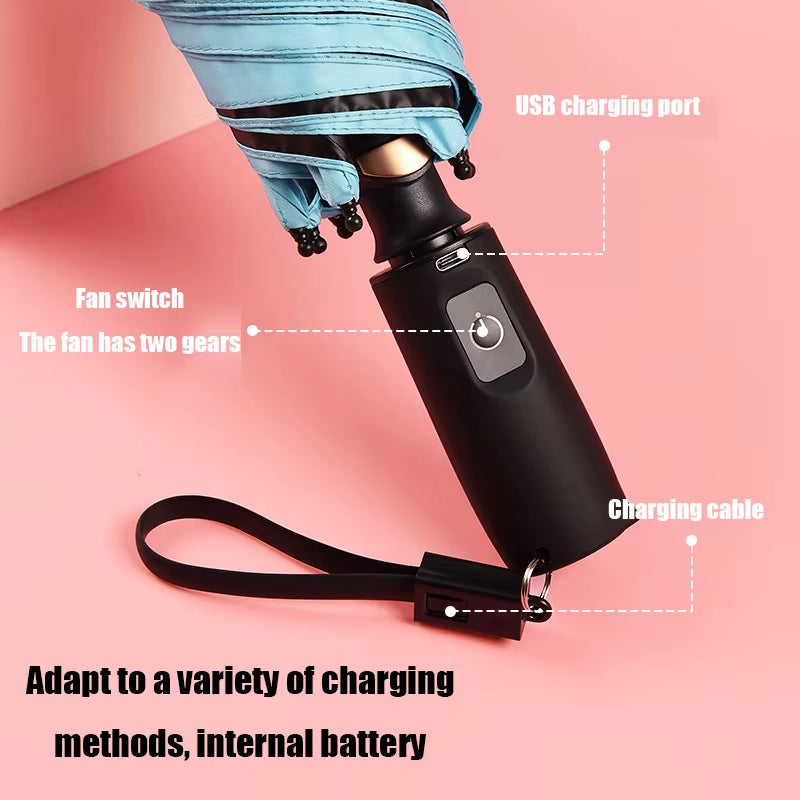 Outdoor USB Chargeable Foldable Umbrella with Fan Beach Parasol Creative Portable UV Umbrella Folding Beach Umbrella
