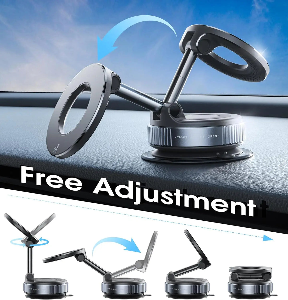 Universal Magnetic Car Phone Holder with Strong Suction Cup and 360° Rotation - Foldable Mount for Mobile Devices and GPS Navigation