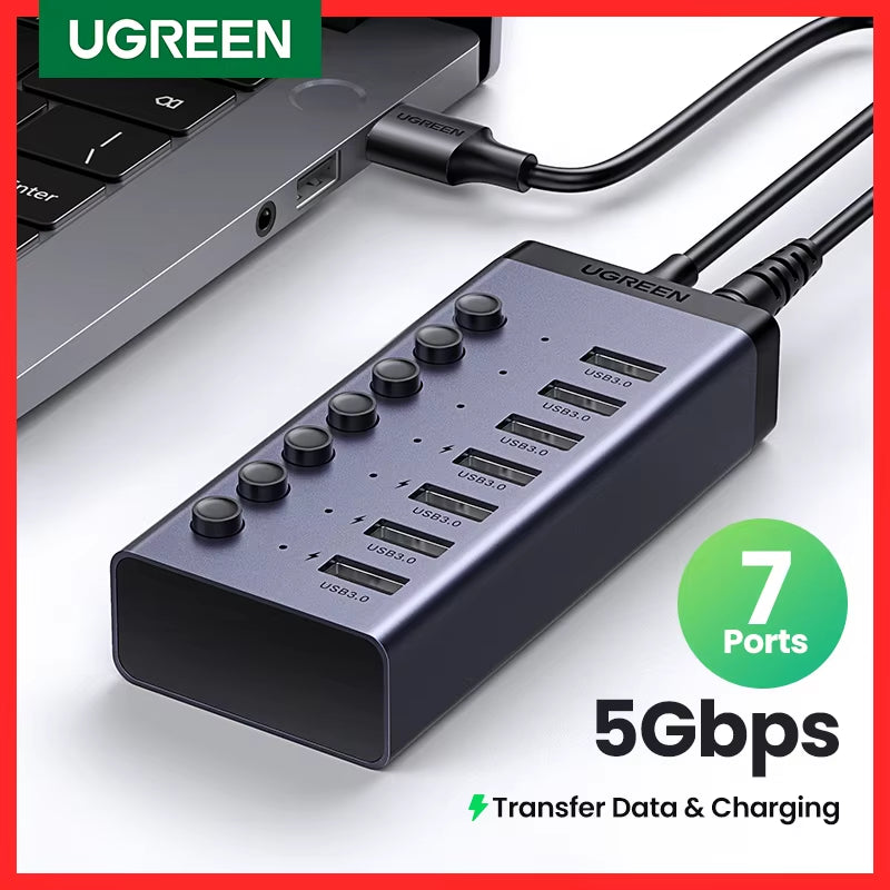 7-Port USB 3.0 Hub with Individual ON/OFF Switches and LED Indicators for Desktop and Laptop USB Port Expansion