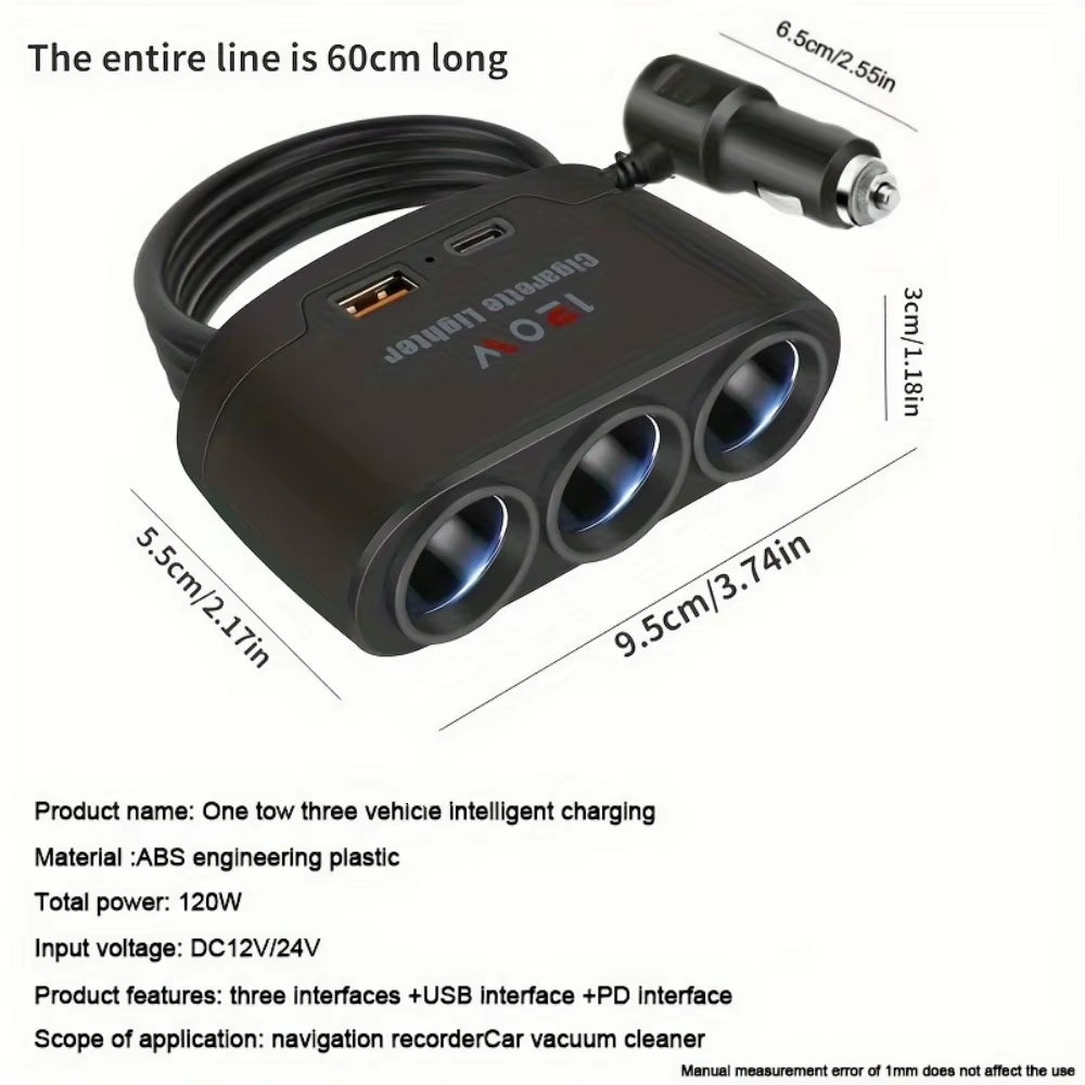 120W 3-in-1 Fast Charging Car Mobile Phone Charger and Cigarette Lighter Adapter for DVR and GP Devices