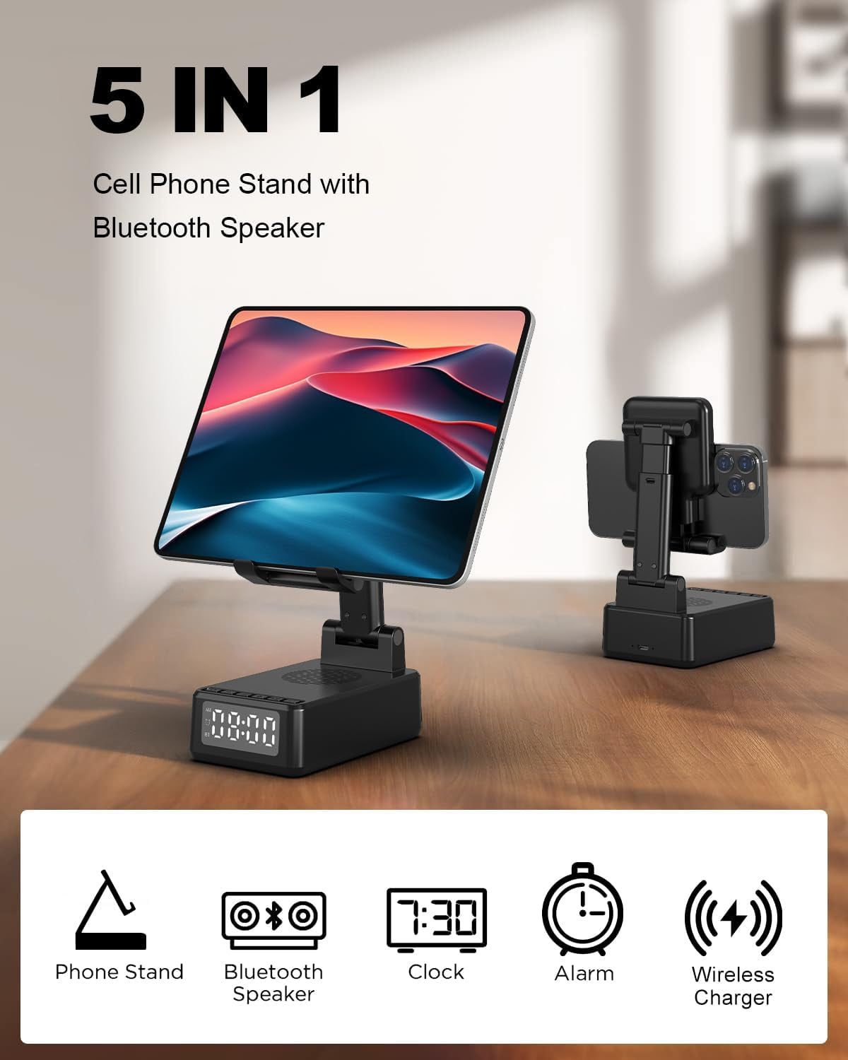 Birthday Gifts for Men Women,Cell Phone Stand with Wireless Bluetooth Speaker,Wireless Phone Charger Stand Alarm Clock for Iphone,Holiday Gifts for Men Women Dad Mom Husband Teen Cool Tech Gadgets