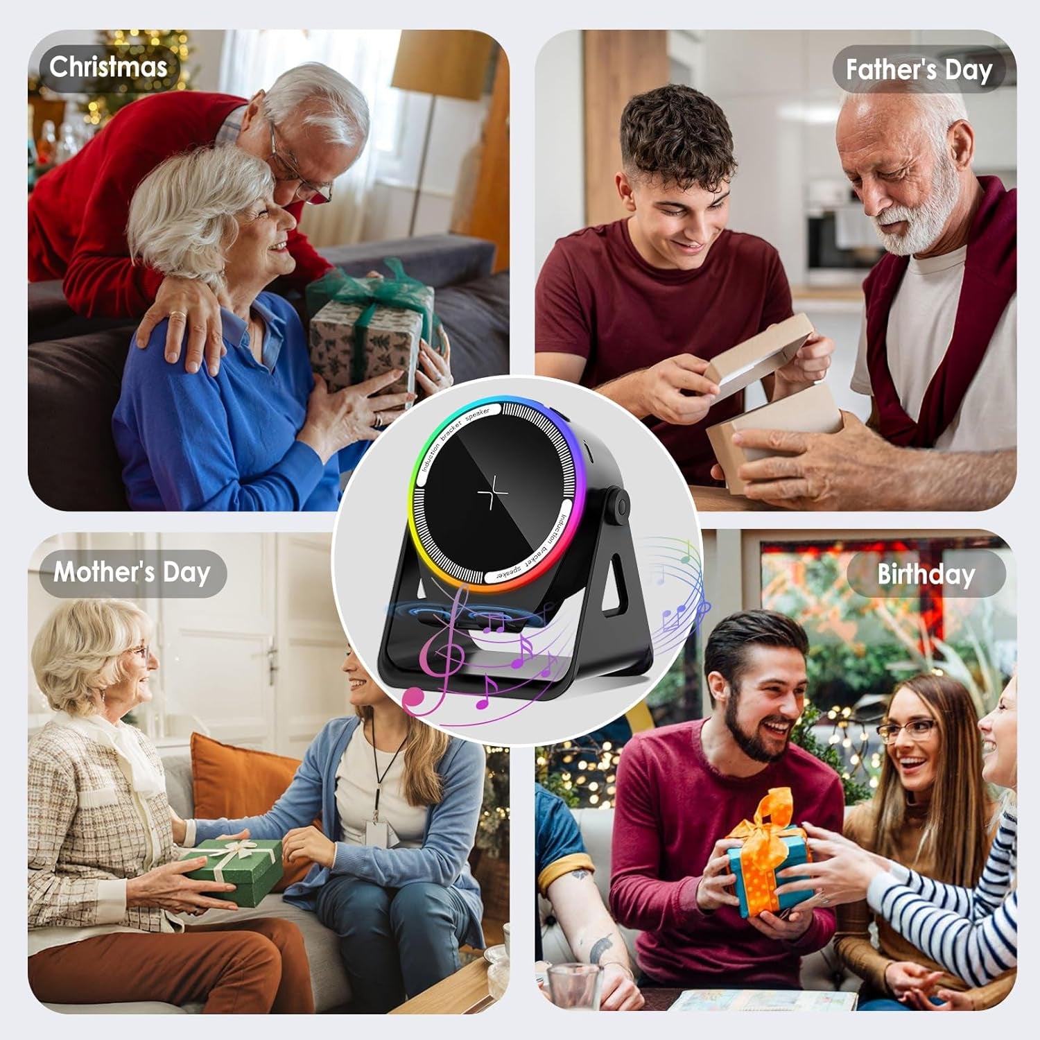 Wireless Induction Speaker, 5-In-1 Bluetooth 5.3 Phone Stand with 360° Rotation & RGB Ambient Light - Cool Tech Gadgets Gifts for Men Women Dad Mom - Compatible Iphone/Android/Ipad/Samsung (Black)