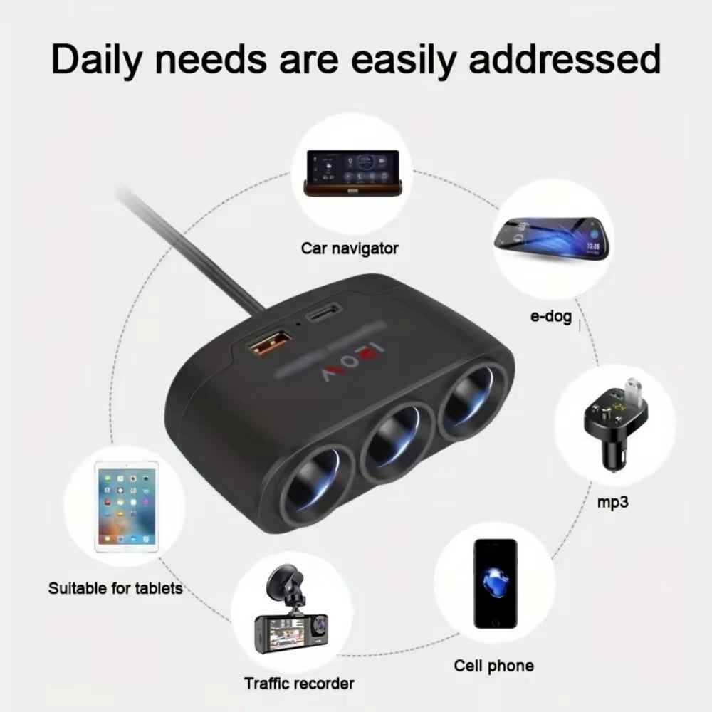 120W 3-in-1 Fast Charging Car Mobile Phone Charger and Cigarette Lighter Adapter for DVR and GP Devices