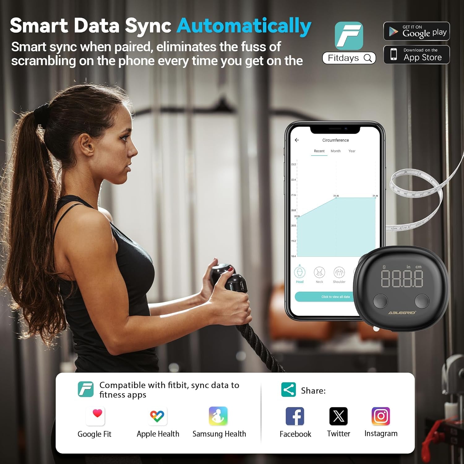 Smart Body Tape Measure,Rechargeable Body Measuring Tape with Fitdays App,Accurate Retractable Digital Body Measurement Device Tool for Muscle Gain,Weight Loss,Fitness,Locking,60In/150Cm