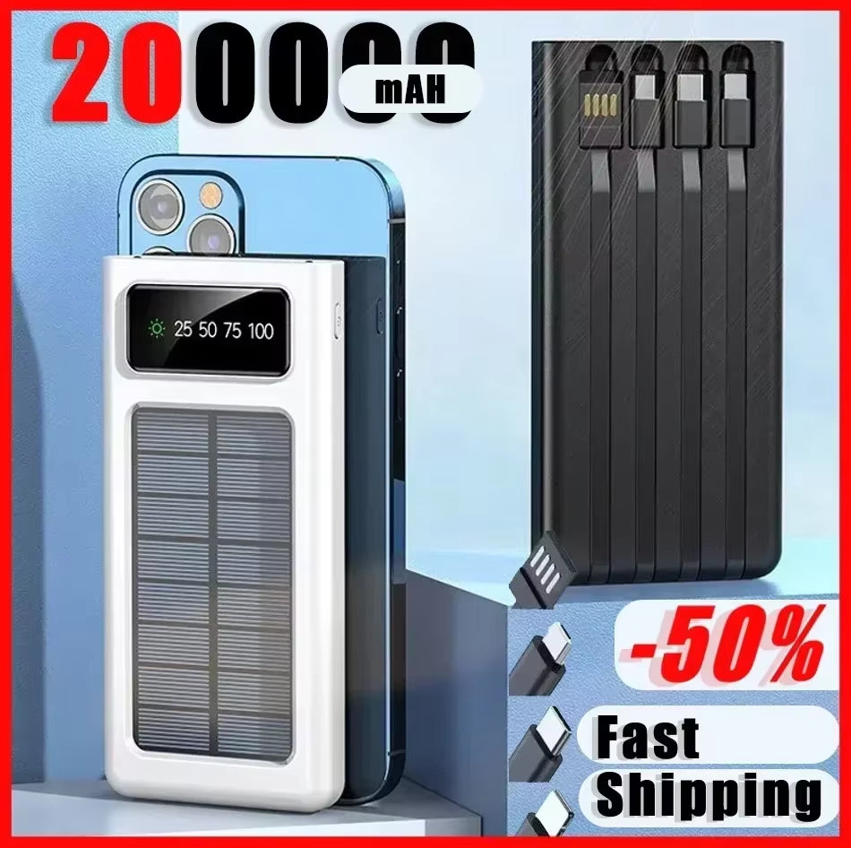 200000Mah Solar Power Bank Ultra Capacity 120W Super Fast Charging USB Typec LED Light Outdoor Power Bank for Iphone 17 Samsung
