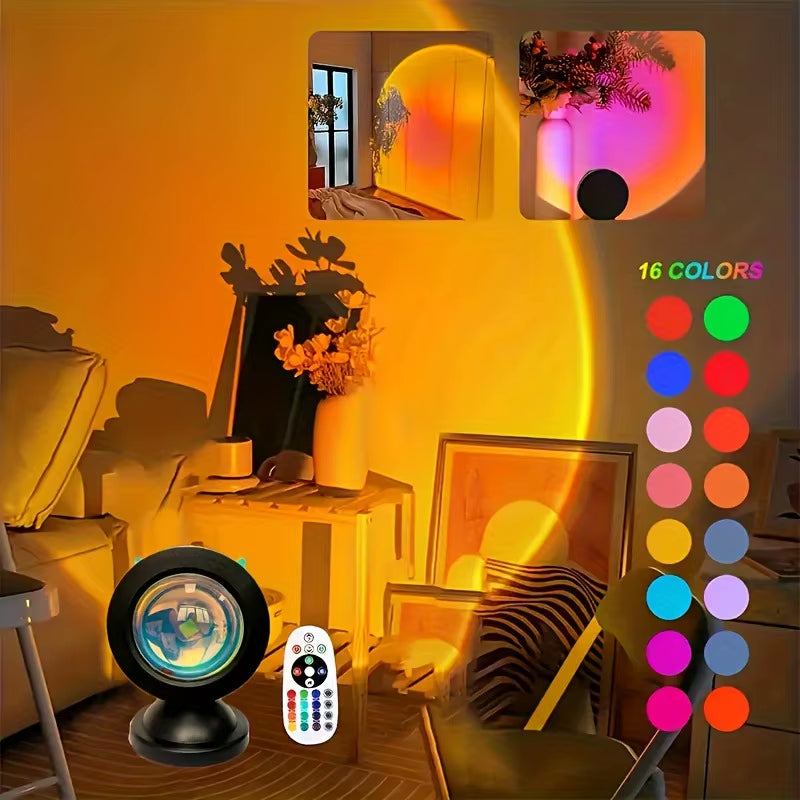 Vibrant Sunset Projection Light - 16-Color Spectrum with USB Remote Control and Dynamic Color Changing LED for a Cozy Home Atmosphere