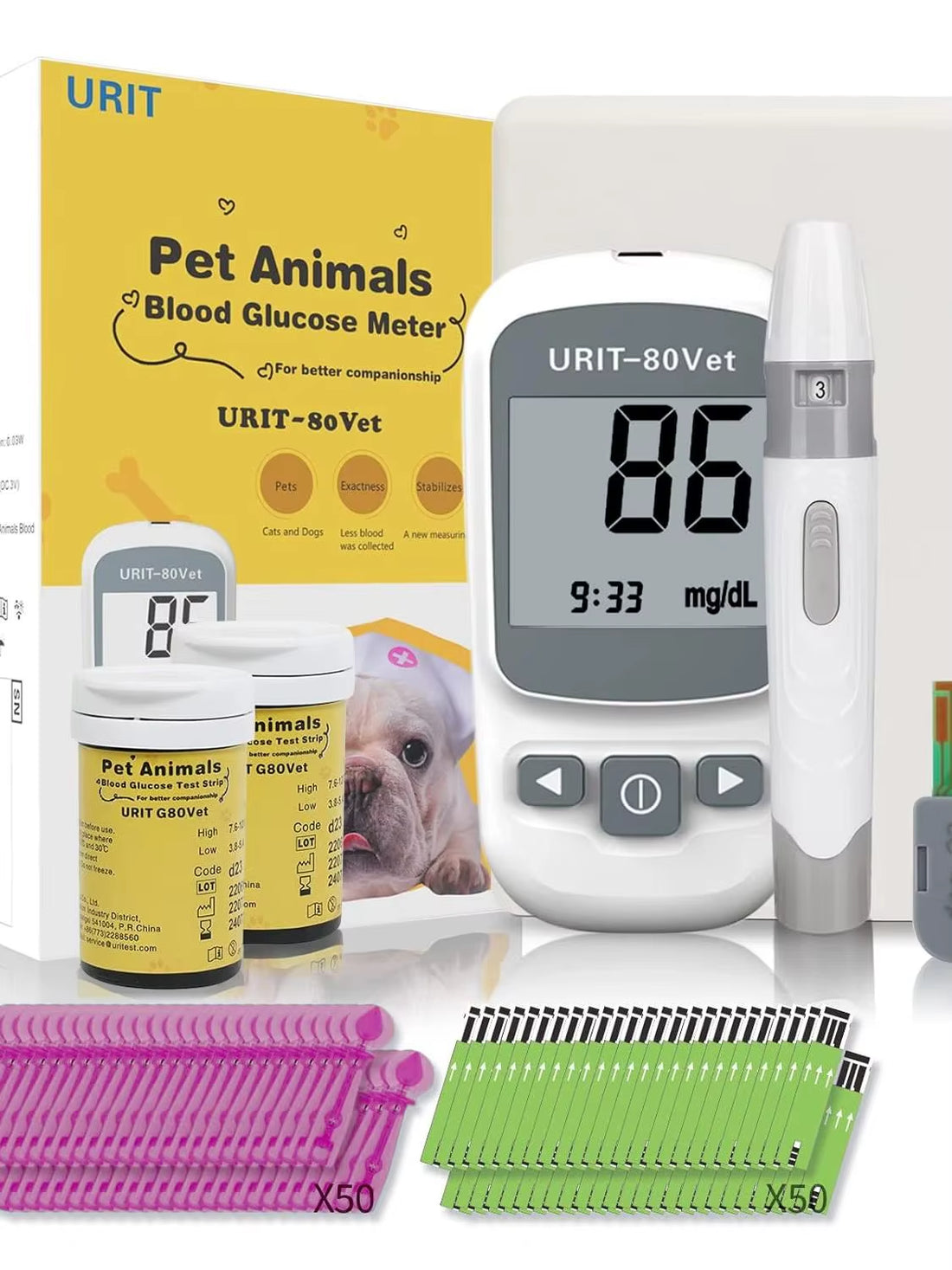 Glucose Monitoring Kit for Dogs & Cats, Pet Blood Sugar Monitor with Pain-Free & Easy Shuttle, No-Coding Kits with 50 Strips
