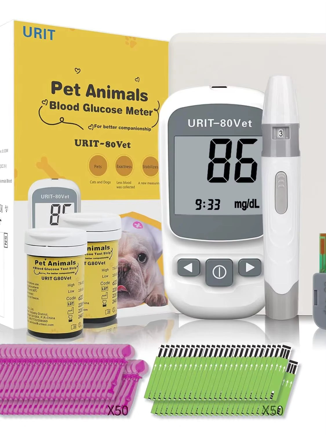 Glucose Monitoring Kit for Dogs & Cats, Pet Blood Sugar Monitor with Pain-Free & Easy Shuttle, No-Coding Kits with 50 Strips