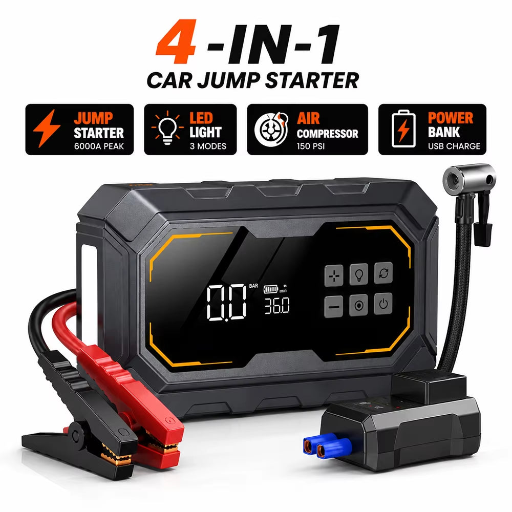 Vyvylabs 4-in-1 Car Jump Starter and Air Compressor with 150PSI Tire Inflator, Emergency Battery Pack, and LED Flashlight - 12V