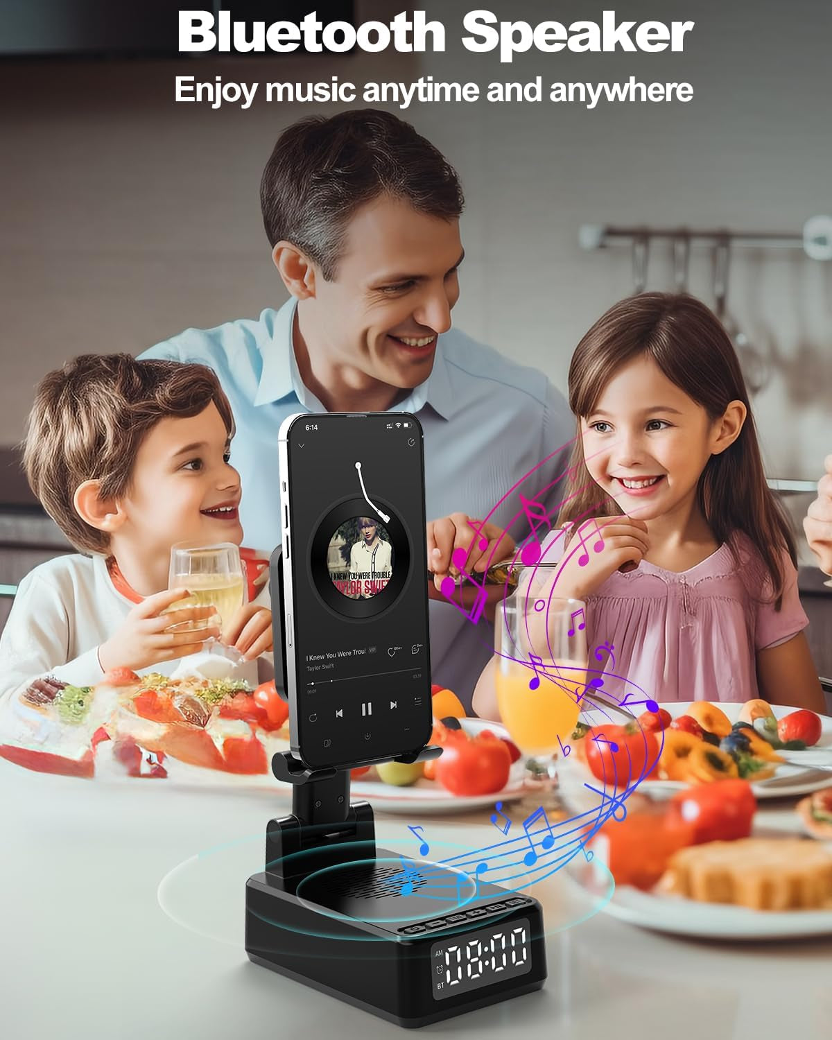 Birthday Gifts for Men Women,Cell Phone Stand with Wireless Bluetooth Speaker,Wireless Phone Charger Stand Alarm Clock for Iphone,Holiday Gifts for Men Women Dad Mom Husband Teen Cool Tech Gadgets