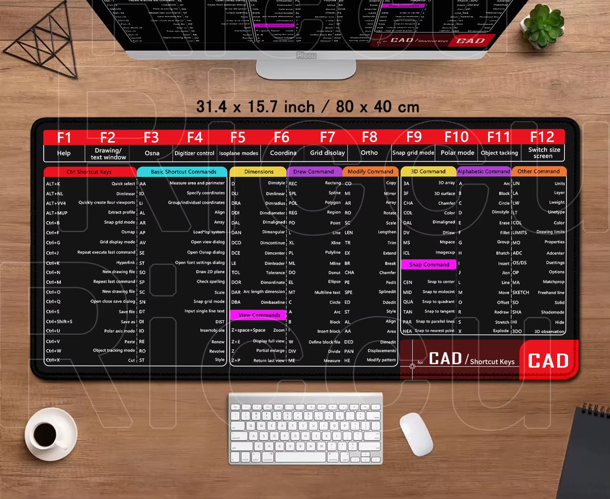 Professional Office Mouse Pad with AutoCAD Cheat Sheet - Large 100x50cm Gaming Desk Mat, Stitched Edge, Non-Slip Rubber Base