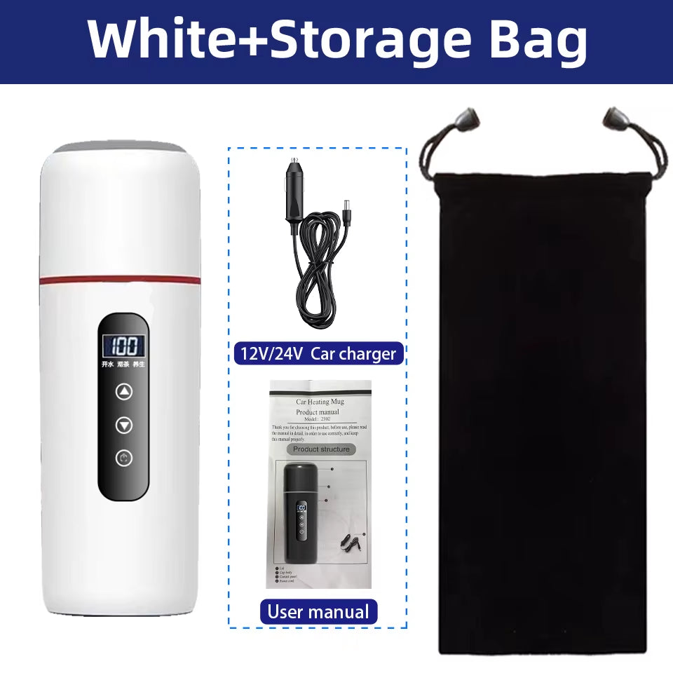 Electric Kettle 12V 24V Portable Car Heating Cup 500 Ml Travel Heating Smart Stainless Steel Insulation Artifact OLED Display