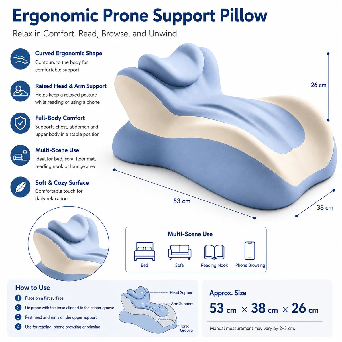 Multifunctional Memory Foam Reading Pillow with Removable Headrest and Anti-Slip Design for Enhanced Comfort While Reading in Bed