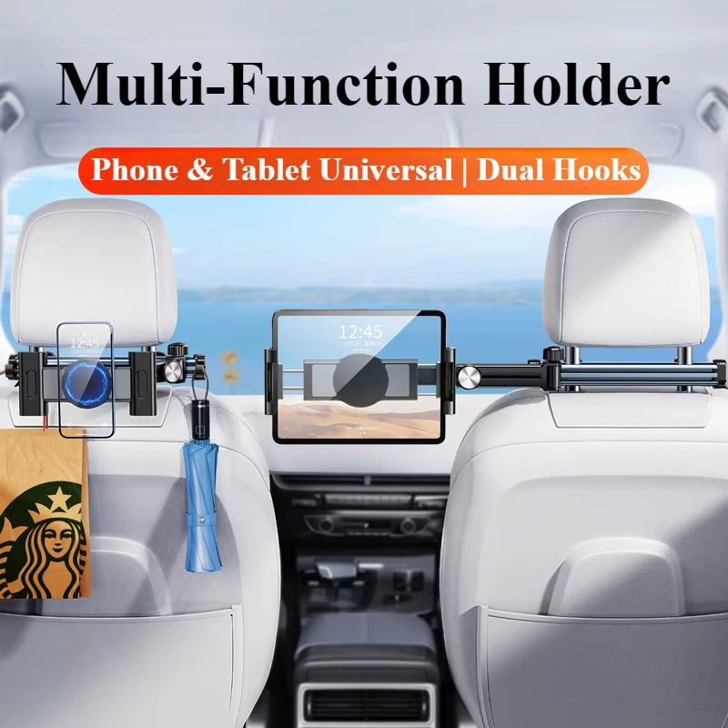 Car Headrest Tablet Holder Mount Back Seat with 360°Rotate Phone Stand 2 Hooks Trip Essentials for Kids for 4.7-12.9 Inch