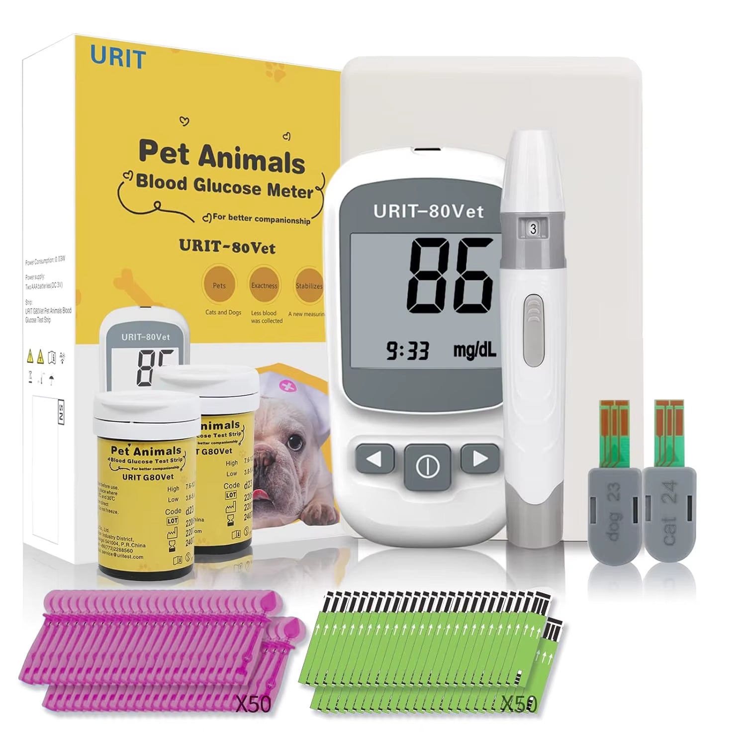 Glucose Monitoring Kit for Dogs & Cats, Pet Blood Sugar Monitor with Pain-Free & Easy Shuttle, No-Coding Kits with 50 Strips