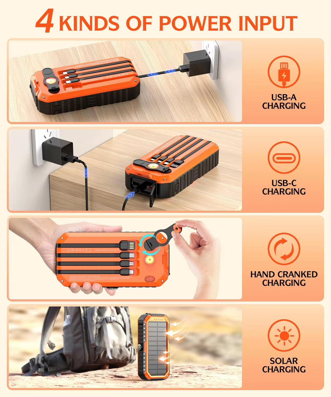 Solar Charger Power Bank 40000Mah Built in 4 Cables and Hand Crank,Portable Charger 6 Outputs & 4 Inputs External Battery Pack
