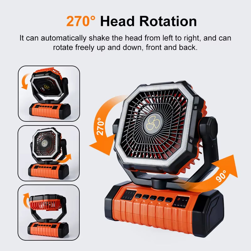 20,000mAh Rechargeable Camping Fan with LED Light and Remote Control, 4-Speed Timing Portable Tent Fan with Adjustable Hook Design for Outdoor Use