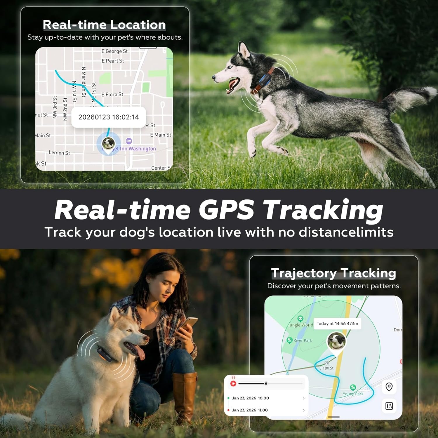 AI GPS Tracker for Dogs (30Lbs+), Real Time Location and AI Health Assistant, Electronic Fence, Waterproof, Ios and Android Universal (D5-Black)
