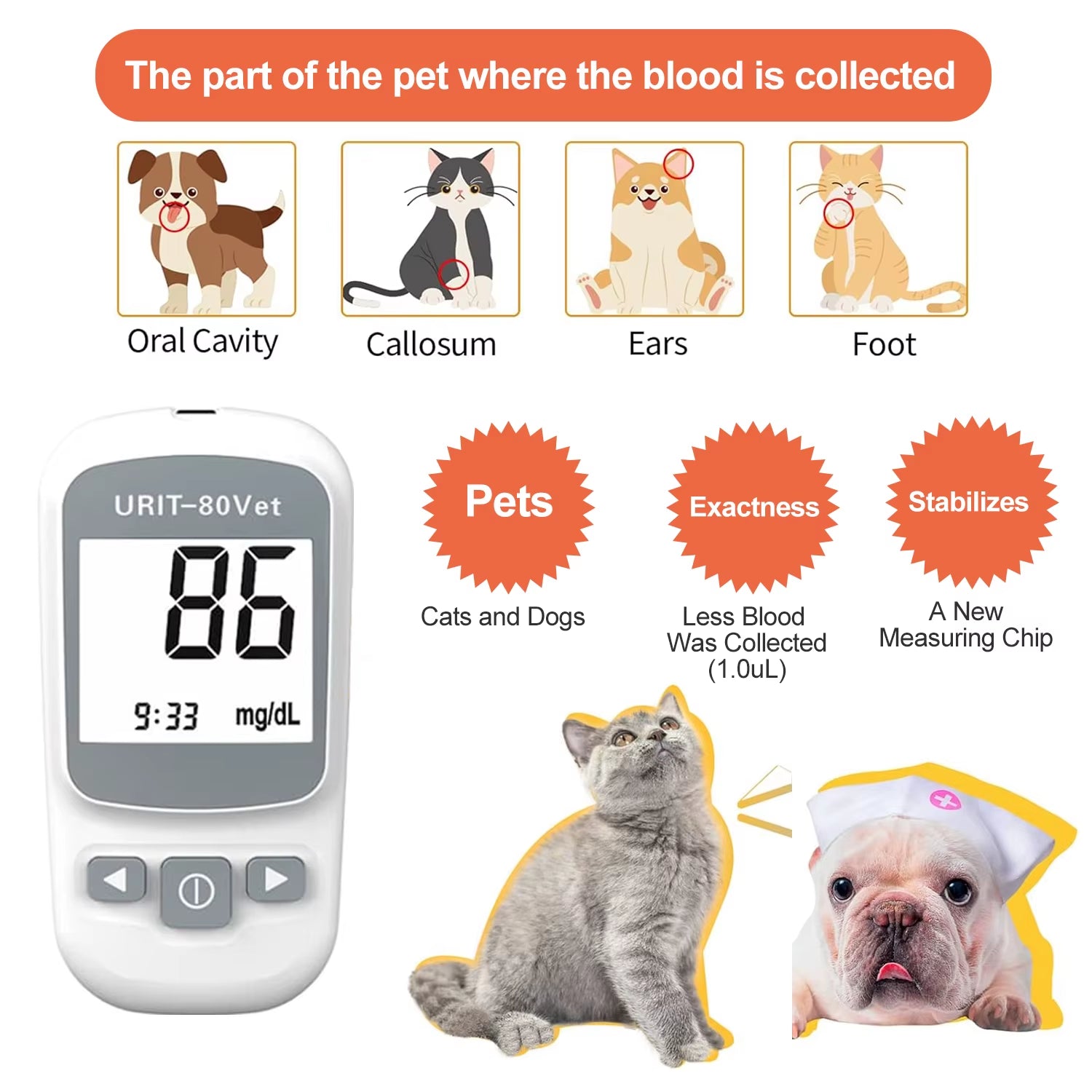 Glucose Monitoring Kit for Dogs & Cats, Pet Blood Sugar Monitor with Pain-Free & Easy Shuttle, No-Coding Kits with 50 Strips