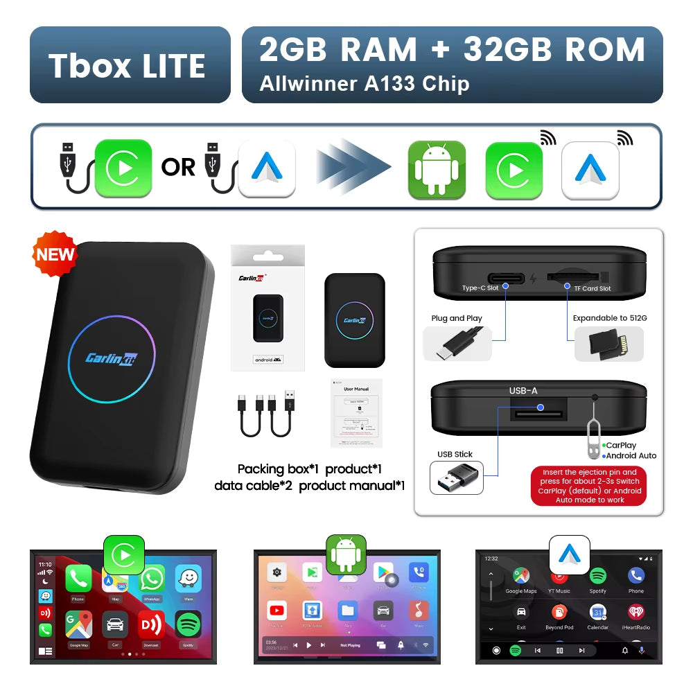 HDMI 5-In-1 Android TV Box Wireless Adapter Support Netflix IPTV Wireless Android Auto & Carplay Dongle for Car Radios