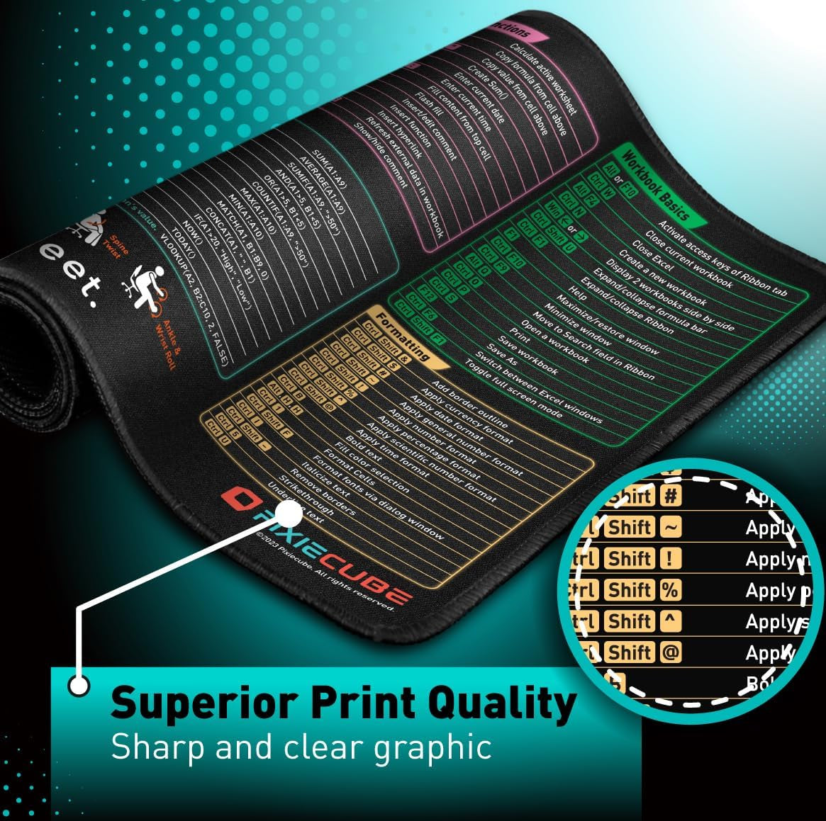 Excel Shortcut Keys Mouse Pad - Extended Large XL Cheat Sheet Gaming Mousepad | PC Office Spreadsheet Keyboard Mat | Non-Slip Stitched Edge