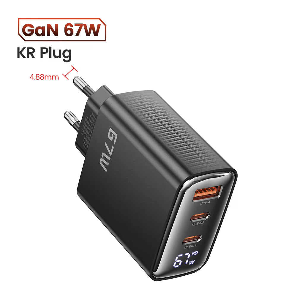 67W GaN Charger with Digital Display, Quick Charge 4.0/3.0, Fast Type-C USB Charger for Laptops, iPhone, Samsung, Xiaomi, Realme, and POCO