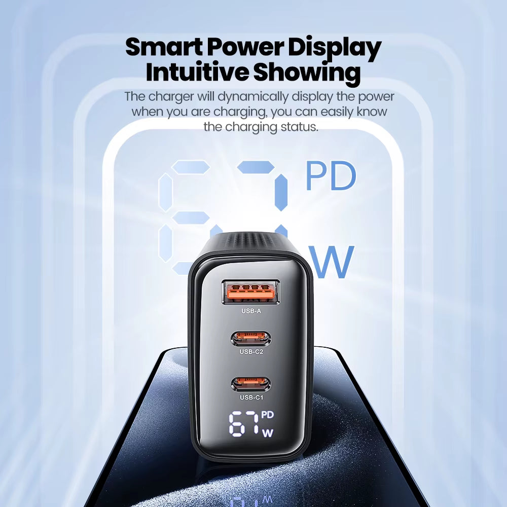 67W GaN Charger with Digital Display, Quick Charge 4.0/3.0, Fast Type-C USB Charger for Laptops, iPhone, Samsung, Xiaomi, Realme, and POCO