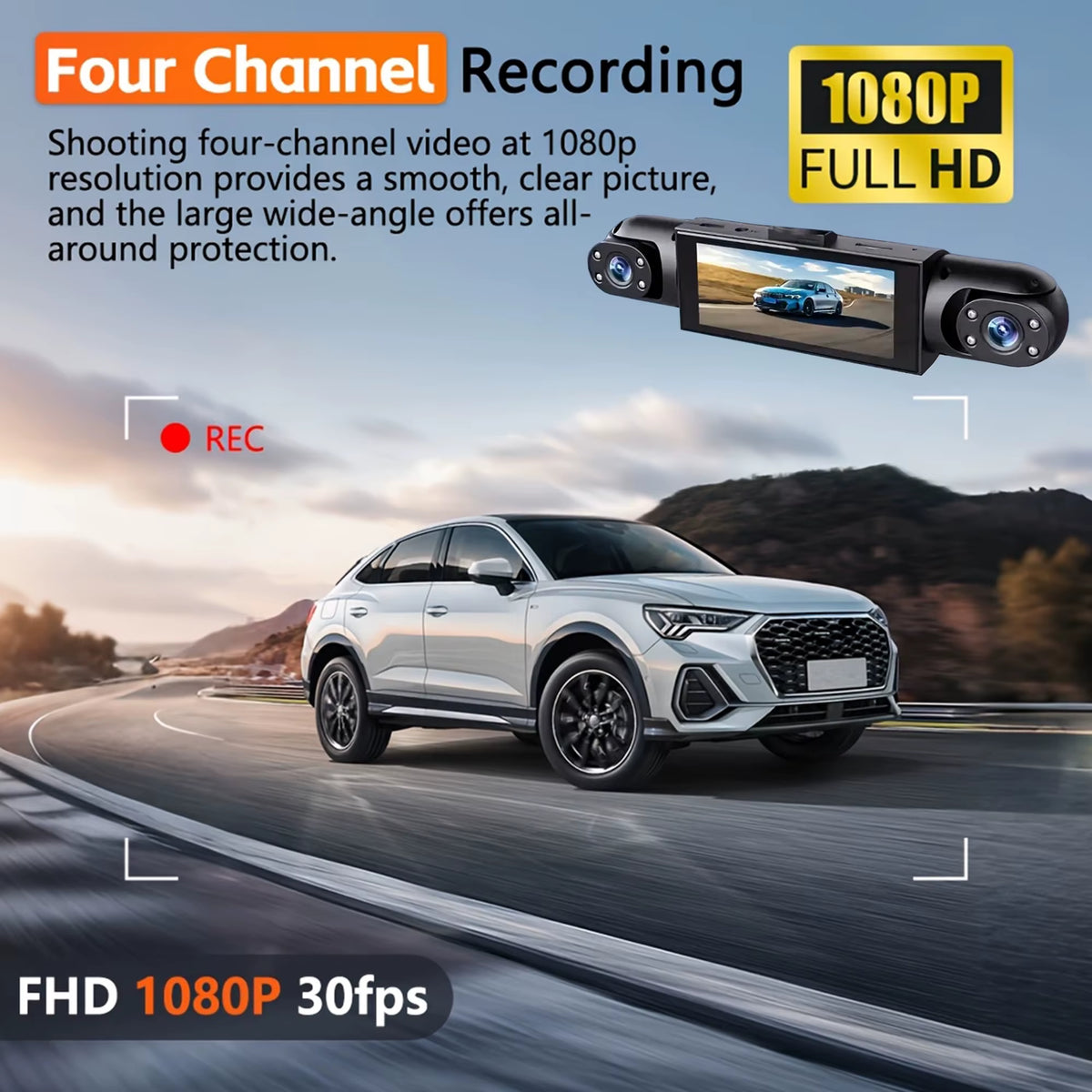 4-Channel 360° Dash Cam with Night Vision, 24/7 Parking Monitoring, G-Sensor, and Loop Recording